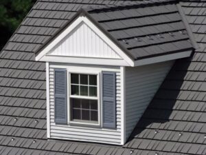 view of shingle roofing. windows and shutters are visible